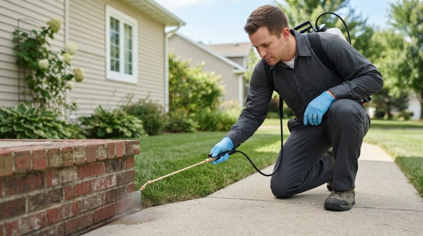 Pest control technician treating a home near North Providence, RI